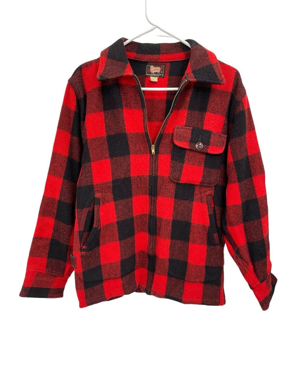 Vintage Woolrich Jacket Red Black Buffalo Check Zip Front Size 36